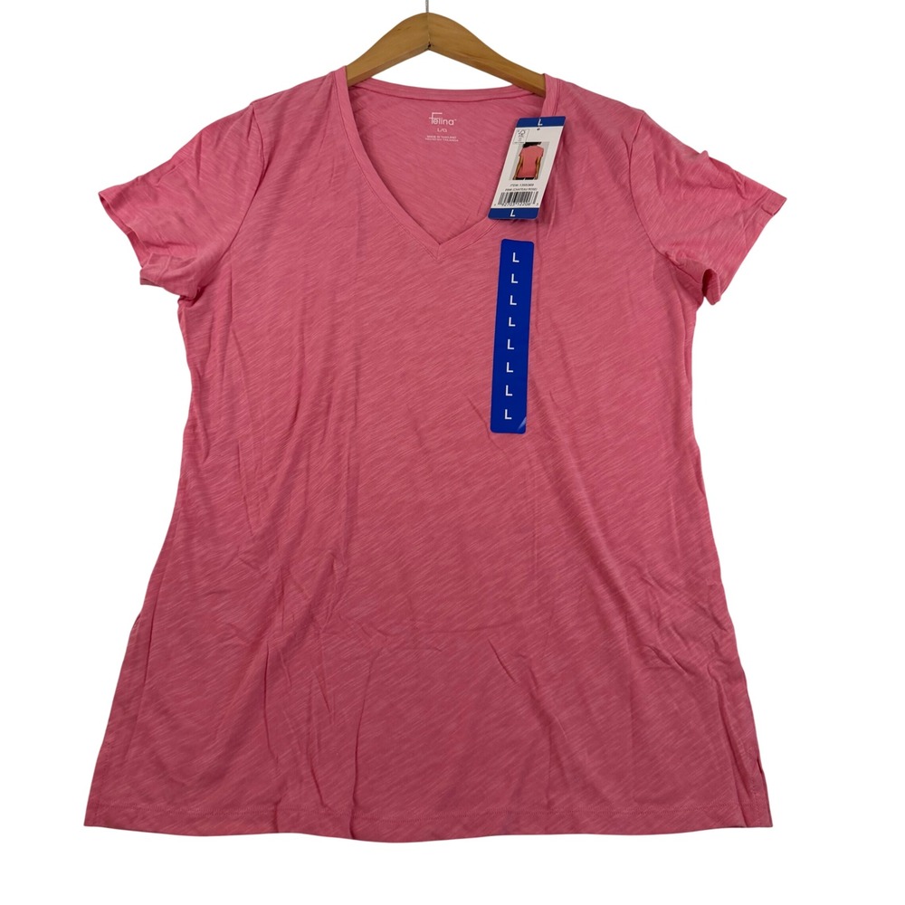 Felina Womens V-Neck Short Sleeve Slub Knit Tee Pink Chateau Rose Large NEW